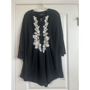 Ice Silk Women's Black V-neck Button Top with White Embroidery Size 3XL NWT